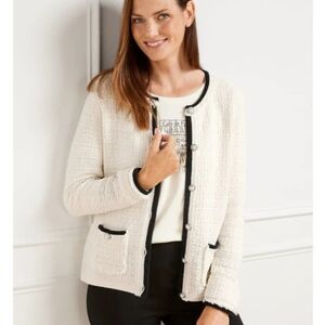 Talbots Fringe Tweed Knit Button Front Cardigan Coat Ivory Black Wool Blend SP